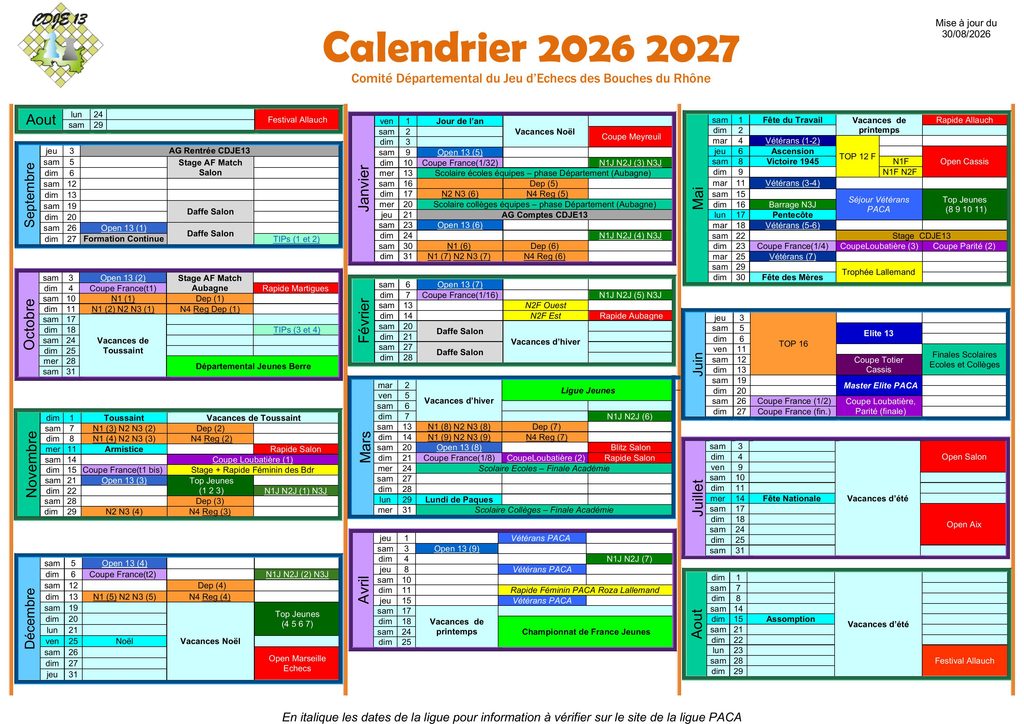 Calendrier du Cercle d'Échecs Aubagnais 2026-2027